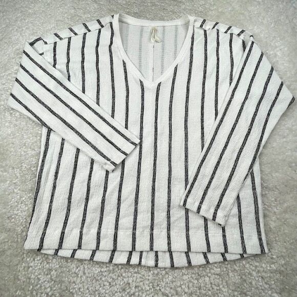 Anthropologie Willa Textured Striped V Neck Top White Black - Picture 2 of 8